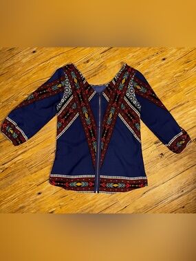 Navy Boho Patterned V-Neck Women's Top